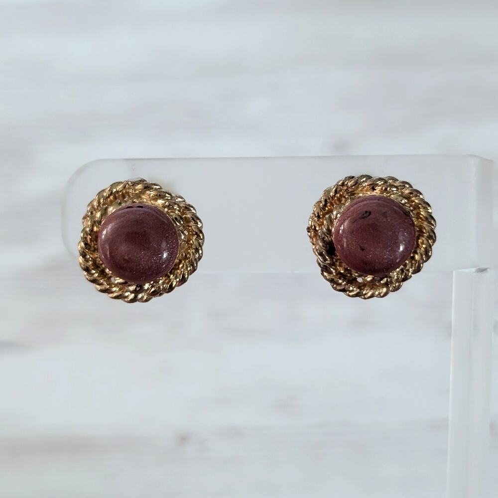 Vintage Clip On Earrings Dusky Red & Gold Tone - Fair Condition